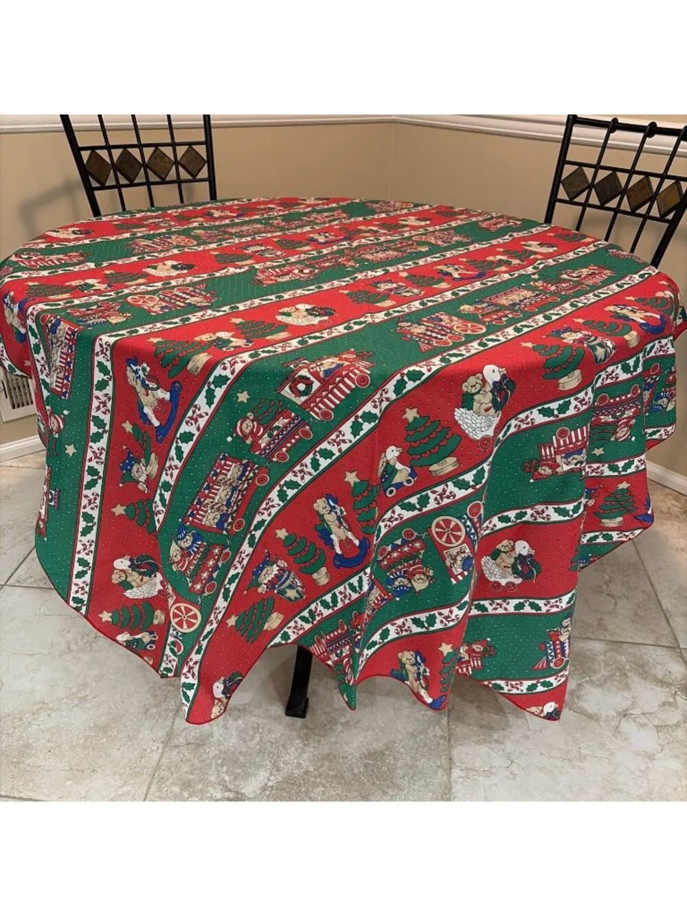 Vintage Christmas Tablecloth Holiday Dining Toys Trains Bears  Rectangle 52X70